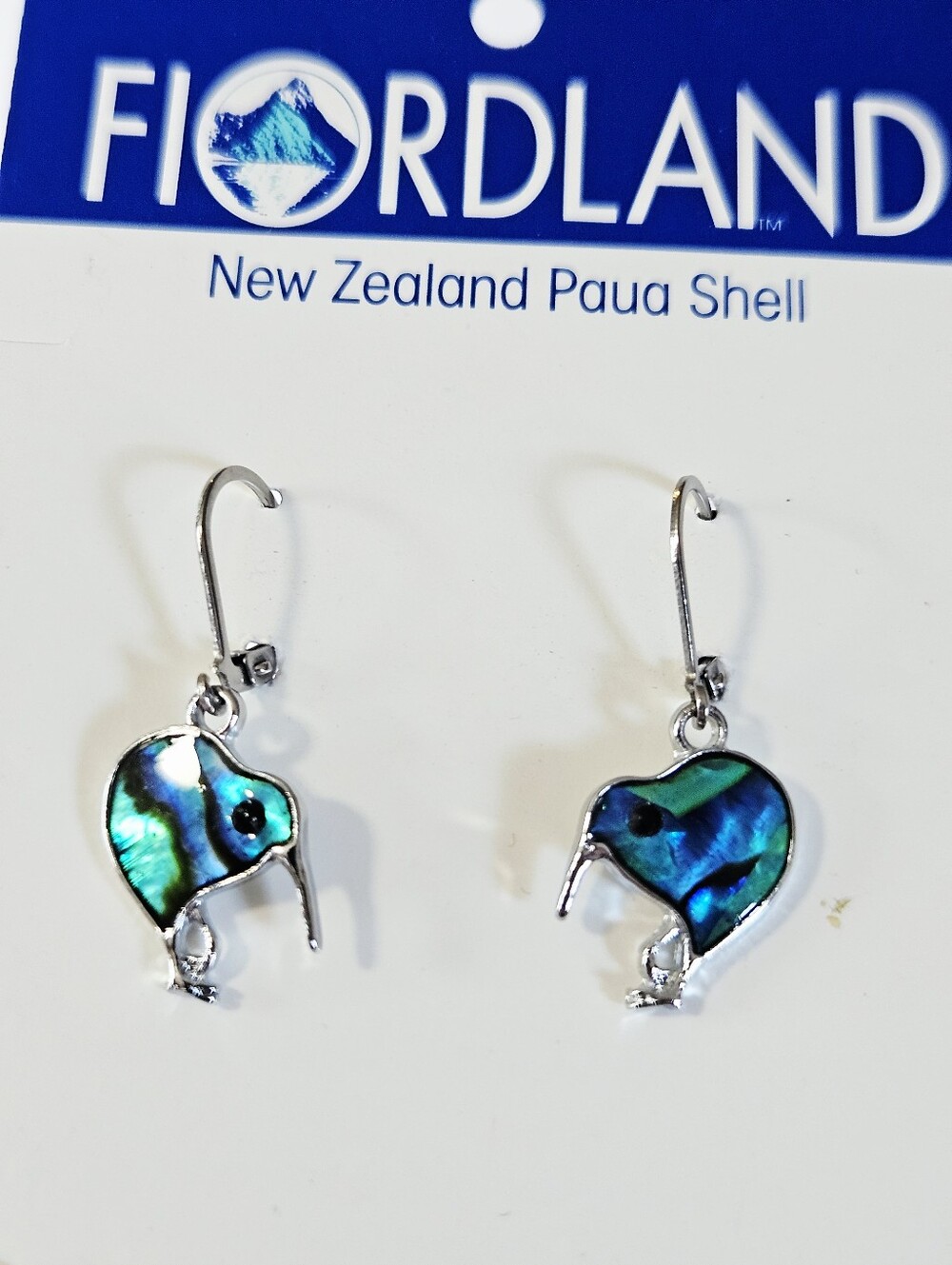 Fiordland New Zealand Paua Shell Iridescent Kiwi Bird Dangle Drop Earrings - NWT